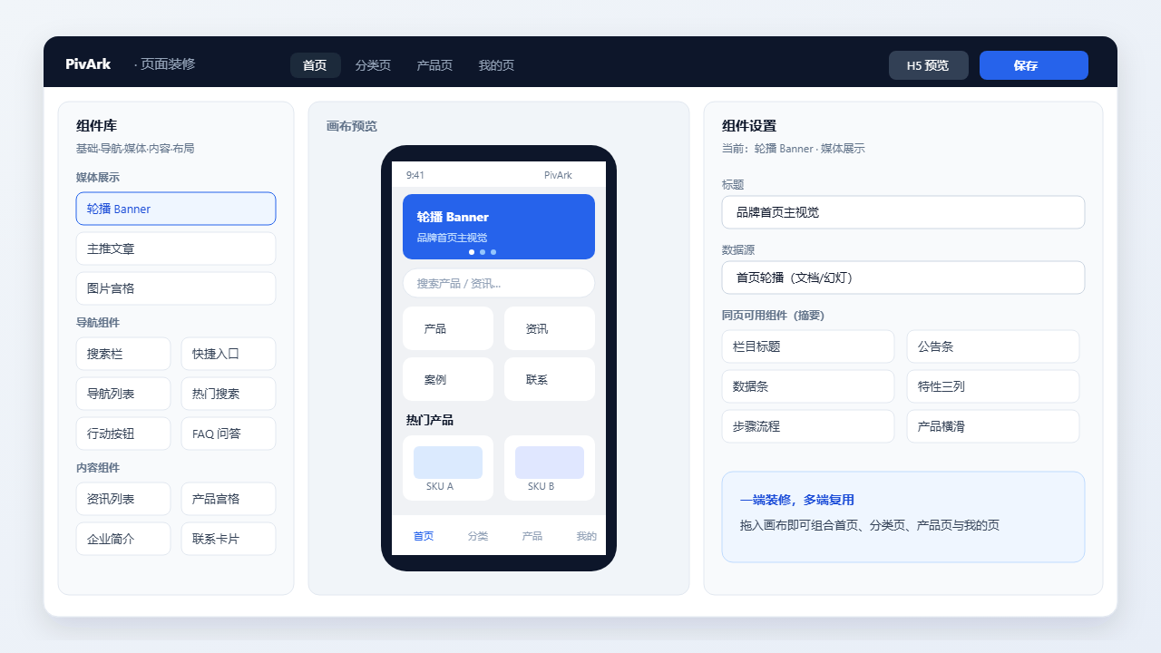 后台页面装修组件库与手机预览示意
